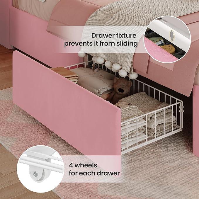 BTHFST Twin Bed Frame with Storage Headboard & 4 Drawers, Girl Upholstered Storage Bed with LED Lights & Charging Station, No Box Spring Needed, Easy Assembly, Pink
