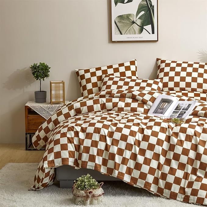 Houseri Brown Plaid Duvet Cover King White Pumpkin Colored Checkerboard Duvet Cover King Size Men Women Caramel Buffalo Checkered Bedding Elegant Camel Grid Duvet Covers King