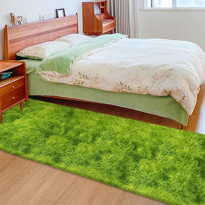 Grass Green Tie Dyed Rug 2x8 ft Plush High Pile Shag Carpet Fluffy Soft Runner Bedside Rug for Bedroom Living Room Hallway Nursery Kids Home Decor