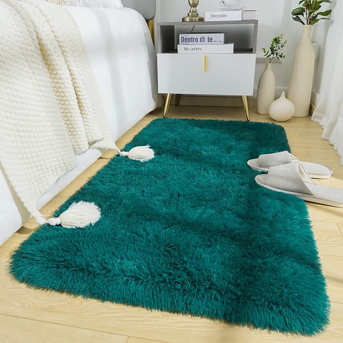 BENRON Fluffy Runner Rugs 2x4, Soft Long Runners for Bedroom Hallyway Entryway Kitchen, Washable Fuzzy Throw Rug for Kids Girls Room Decor Photo Prop, Teal Green