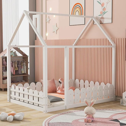 MERITLINE House Bed Wood Full Playhouse Bed Frame with Roof Twin Size House Bed for Girls Boys Kids, Box Spring Needed (White, Full)