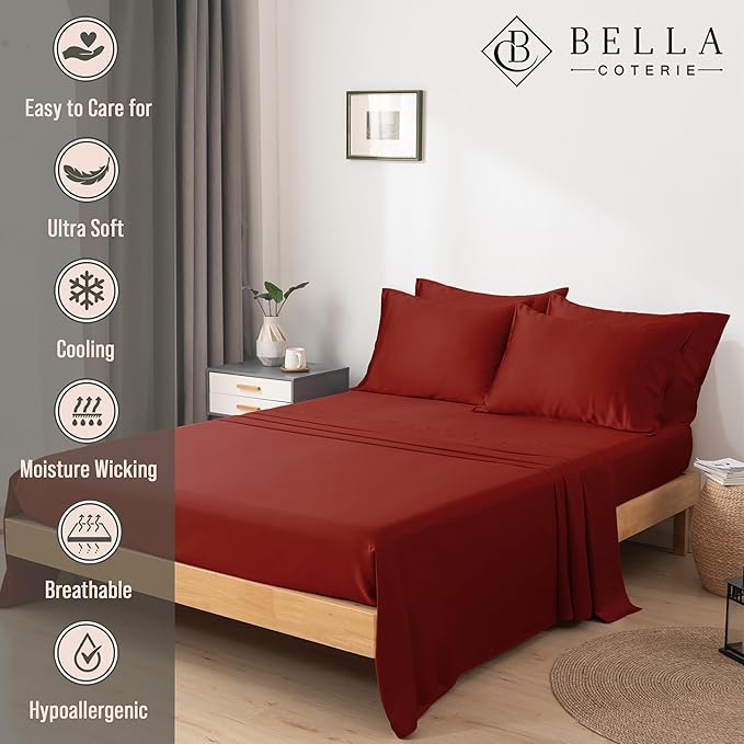 Bella Coterie 6 Piece Luxury Bamboo Viscose Split Top King Size Sheet Set | 34" Split for Adjustable Beds | 100% Organically Grown| Cooling | 18” Deep Pocket | 4 Pillowcases [Merlot]