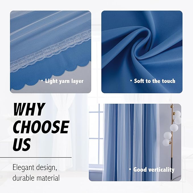 Anytime Home Curtains Blackout and Sheer Layered Solid Window Curtain Panel Pair with Grommet Top, 52Wx72L,Blue