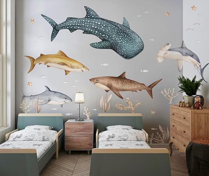 Fish Wall Stickers – Fish Decals for Coral Reef Decorations with Whale Shark, Hammerhead, and Coral, for Nursery Baby Kids Bedroom Bathroom, Medium Set (50″×36″) 35 Pcs