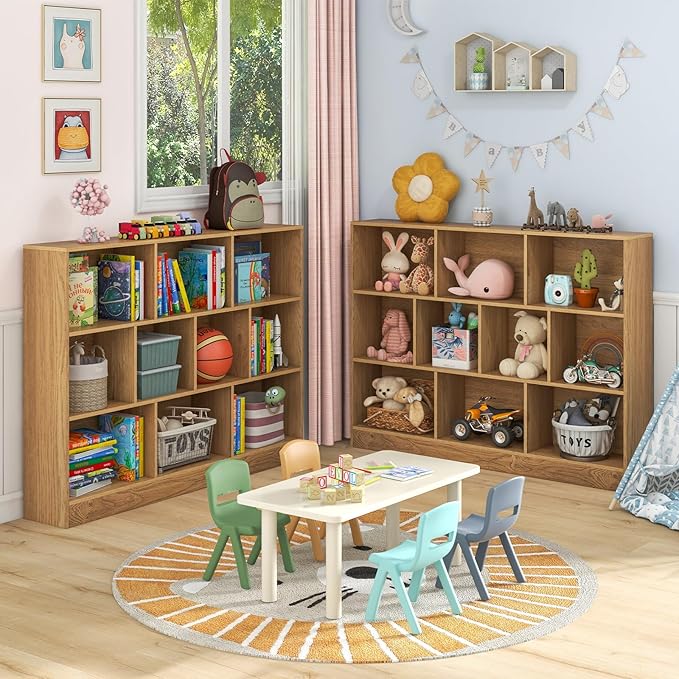 Costzon 10-Cube Bookshelf for Kids, Wooden Toy Storage Organizer w/ 2 Anti-Toppling Kits, 3 Tier Open Shelves & Non-Slip Foot Pads, Montessori Toy Shelf for Kids Rooms, Playroom, Classroom, Nursery
