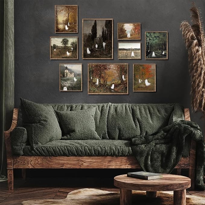 uniro Cute Ghost Decor Halloween Wall Art Prints, Vintage Ghost Pictures for Halloween Wall Decor, Spooky Autumn Landscape Canvas Oil Painting, Moody Gothic Home Decor Dark Academia Aesthetic Posters for Bedeoom, Gallery, Living Room, Bathroom (UNFRAMED)