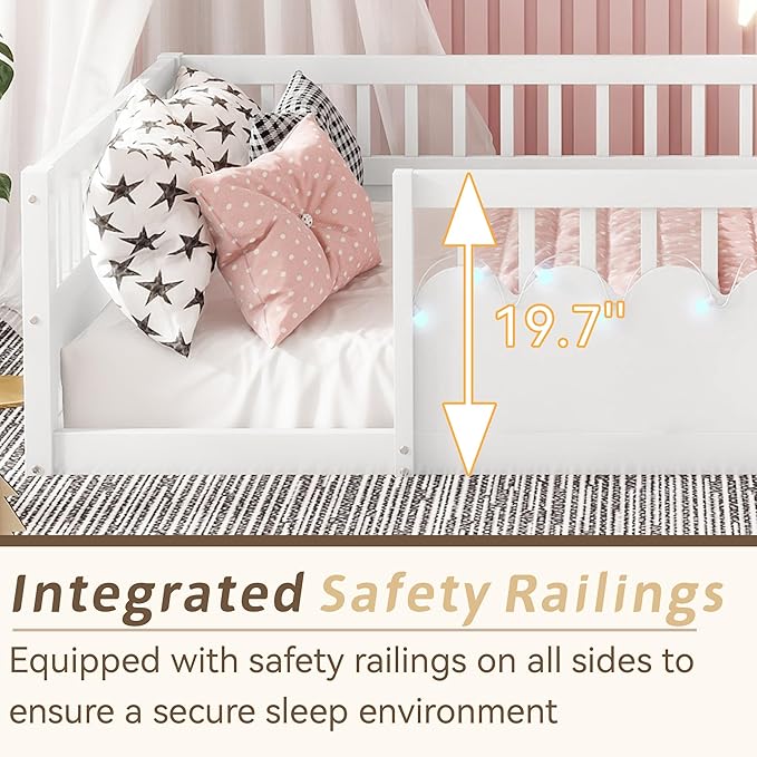 Full Toddler Floor Bed with High Rails, Wooden Montessori Bed Frame with Light and Storage Shelf, Full Size Bed Frame for Kids, Boys and Girls, White