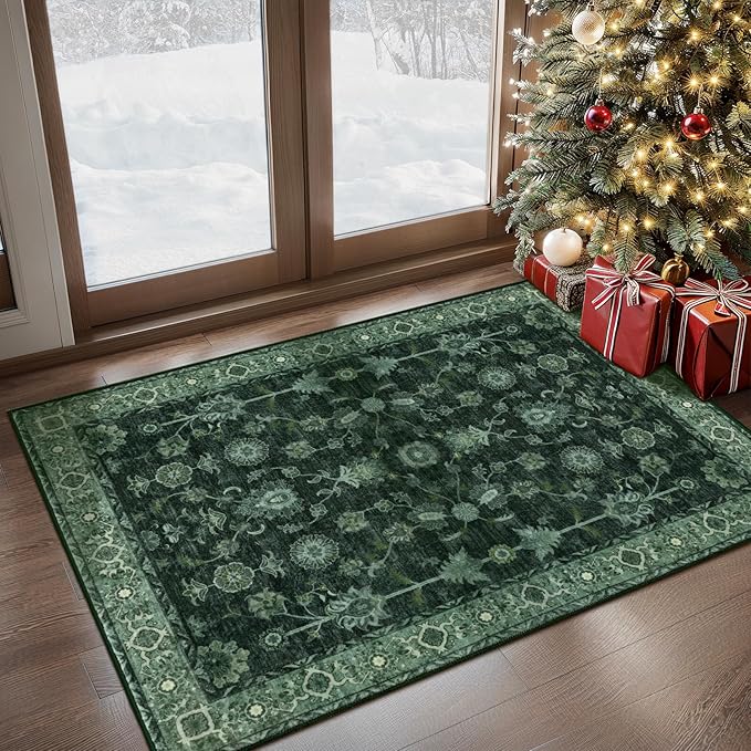 Tangsoo 2x4 Washable Entry Rug, Small Green Area Throw Rugs for Entryway Non Slip, Distressed Vintage Floral Thin Rug for Kitchen Bedroom, Low Pile Floor Carpet Front Door Mat for Entrance Foyer Decor