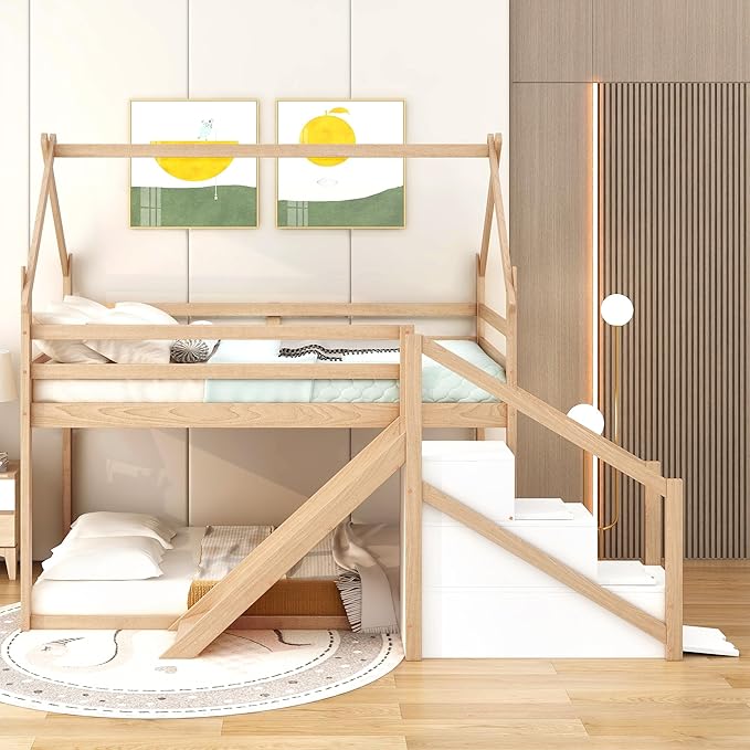 Flieks Twin Over Twin House Loft or Bunk Bed Frame for Boys Girls Kids Adults Toddler with Slide and Staircase, Natural
