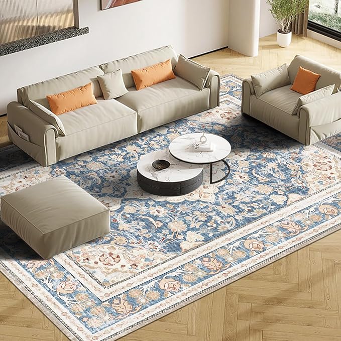 Vhong Boho Area Rugs Washable Vintage Modern Neutral Large Carpet Blue 5×7 High Traffic Rugs for Dinning Room Living Room Bedroom Farmhouse Non Slip