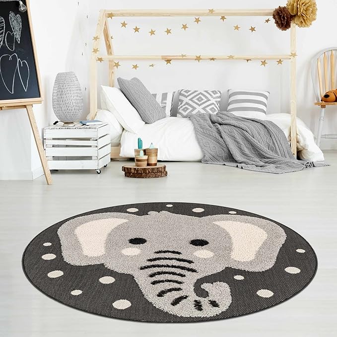 Hauteloom Kids Room, Nursery Round Area Rug - Outdoor Patio Safe - Animal Baby Elephant Playroom Carpet - Beige, Gray, Black, Cream - 7'10"