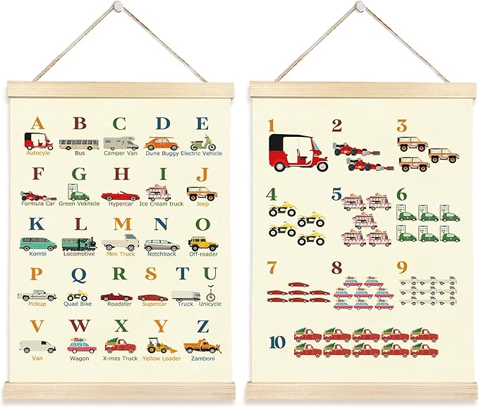 Hiuwevt Transportation Alphabet Numbers Poster Hanger Frame, Nursery Wall Decor, Vehicle ABC 123 Educational Wall Art Decor for Classroom Kids Room Home, 12x16 Inch Set of 2