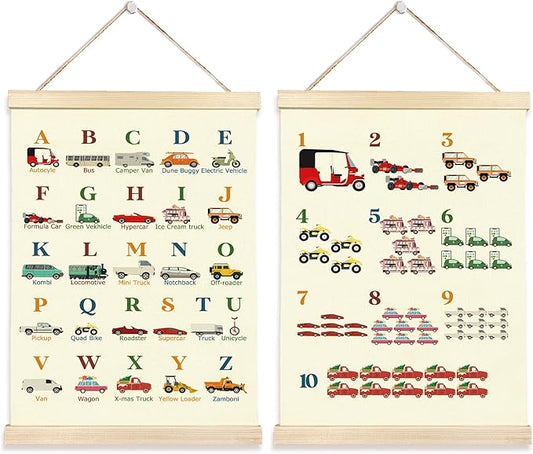 Hiuwevt Transportation Alphabet Numbers Poster Hanger Frame, Nursery Wall Decor, Vehicle ABC 123 Educational Wall Art Decor for Classroom Kids Room Home, 12x16 Inch Set of 2