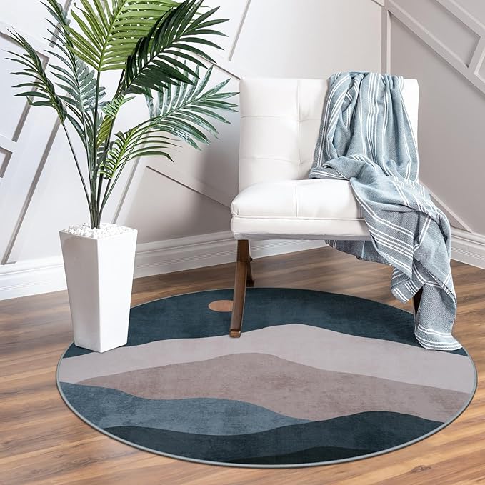 3ft Abstract Round Rug,Boho Washable Non-Slip Mountain Rugs for Entryway,Soft Ultra-Thin Small Indoor Throw Rugs for Bedroom/Bathroom/Laundry Room/Kitchen (Blue)