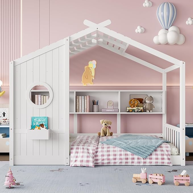 Twin Size Wooden Floor House Bed with Storage Shelf, Modern Design Kids Bed Frame with Roof and Window for Bedroom, Wood Slat Support, No Box Spring Needed, Easy Assembly (White)