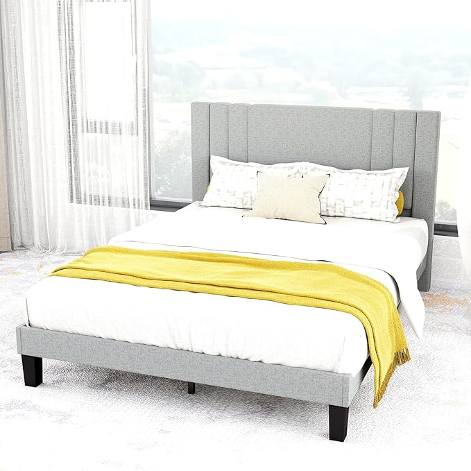 Tyndall Queen Size Bed Frame, Linen Fabric Upholstered Platform with Headboard