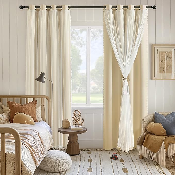 XiDi Full Blackout Beige Curtains with Sheer Overlay for Bedroom Living Room 2 Panels 96 Inches Long Double Layer Curtains for Kids Nursery Girls Light Block Room Darkening Grommet Drapes W52 x L96