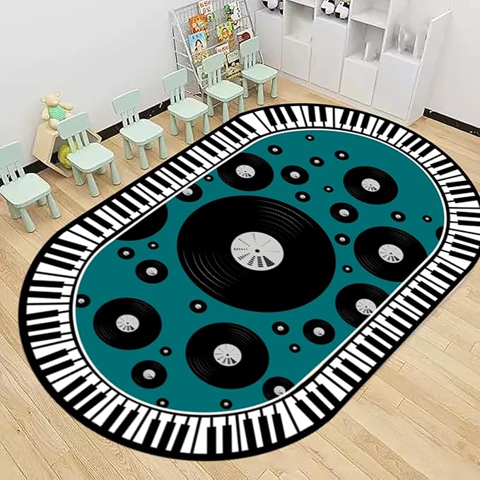 Vinyl Record Kids Rug 4x6ft - Piano Keys & Music Notes Non-Slip Carpet - Oval Educational Play Mat for Classroom, Playroom & Modern Decor