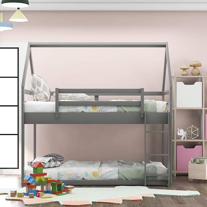 MERITLINE House Shaped Bunk Bed Twin Over Twin Size Wood Bunk Bed Frame Low Bunk Beds for Kids and Toddlers, Twin Size,Grey
