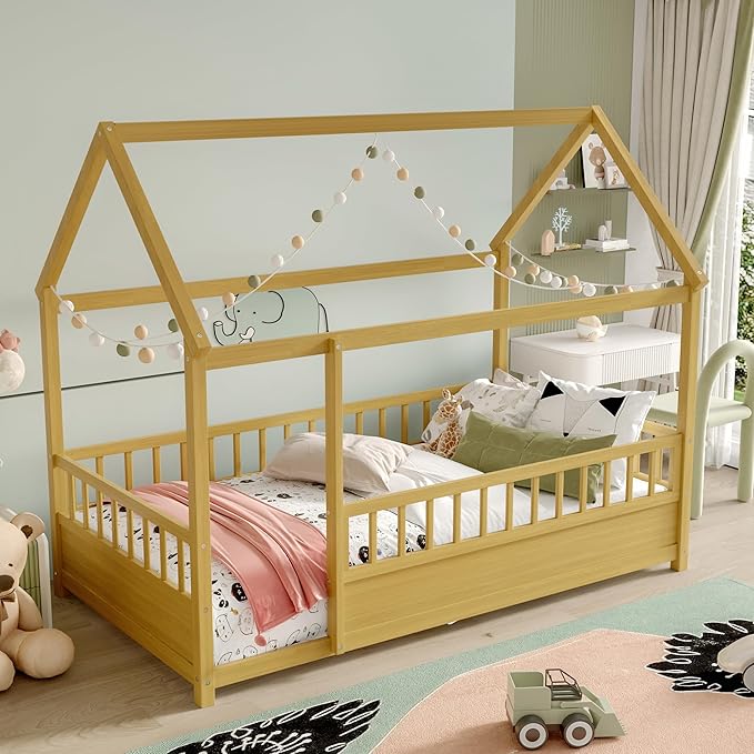 Ball & Cast Twin Size House Bed Frame,Montessori Floor Bed with Safety Fence and Roof for Kids,Wood Platform Bedframe W/Open Door for Girls Boys,Bedroom,Playroom,Easy Assembly,Natural