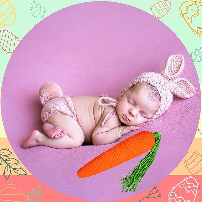 Easter Newborn Photography Props Bunny Outfit Crochet Baby Photoshoot Props Rabbit Carrot Set Baby Photo Prop Easter Gift