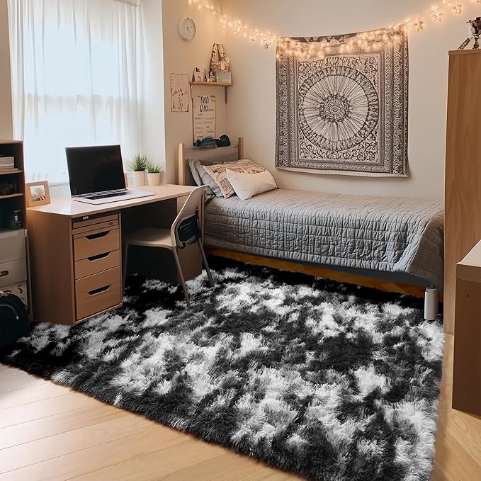 ONASAR Black and White Rugs for Bedroom Living Room, Washable Fluffy 4x6 Indoor Bedside Floor Throw Area Rug, Soft Plush Shaggy Carpet for Nursery Kids Girls Boys Teen Dorm Home Decor Aesthetic