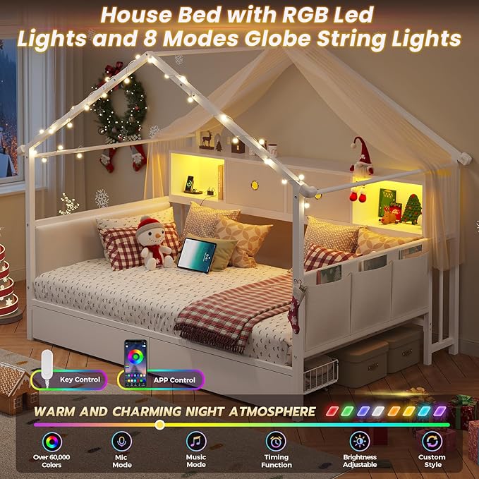 DICTAC Twin Corner Bed Frame with Storage Bookcase,Charging Station and Upholstered Headboard House Shaped Twin Size Bed Frame with 2 Storage Drawers,RGB LED and Globe Lights,Kid twin House Beds,White