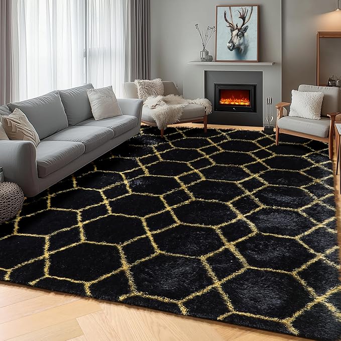 ONASAR 5x7 Area Rugs for Living Room Bedroom, Washable Fluffy Black and Gold Faux Fur Rug, Geometric Boho Soft Plush Shaggy Floor Carpet Mat for Nursery Kids Girls Boys Teen Dorm Home Office Decor