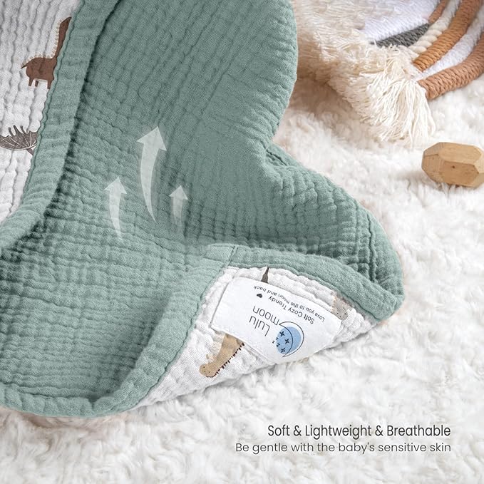 lulumoon Muslin Baby Blanket - Cotton Quilt Blankets for Toddlers - Reversible Nursery Crib Blanket for Baby Boys and Girls 47"x47"(Sage Dinosaur)