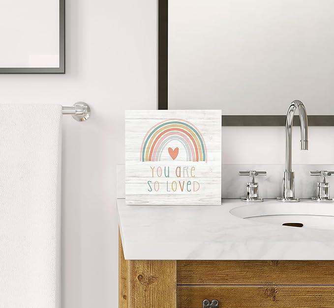 SRADMO You Are So Loved Rainbow Heart Wood Box Sign Desk Decor 8x8, Kids Inspirational Quotes Wooden Block Box Sign Decoration For Kids Room Nursery Playroom Shelf Table Decor
