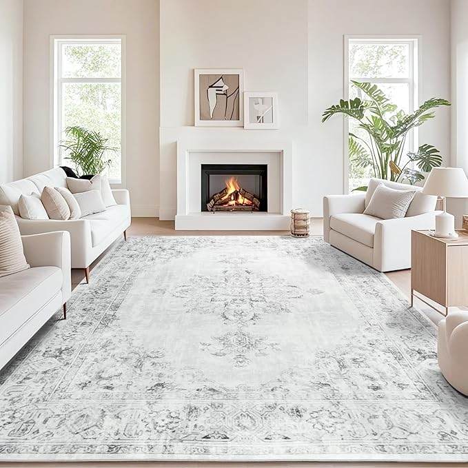 Area Rug 8x10, Washable Rug for Living Room, Large Area Rugs for Bedroom, Vintage Rug 8x10 for Dining Room, Non Slip Soft Low Pile Indoor Carpet for Kitchen, Nursery, Office, Farmhouse, Light Grey