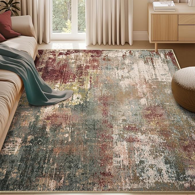 Washable Area Rugs 5'x8' Non-Slip Modern Abstract Soft for Living Room Entryway Bedroom Nursery, Print Pattern, Brown Rust Red Multi
