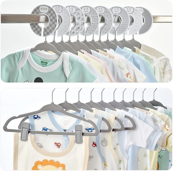 Velvet Baby Hangers with 10x Clips and 8X Dividers (30 Pack) | 11” Ultra-Slim Baby Clothes Hangers | Non-Slip Felt | Space-Saving Nursery & Infant Closet Organizer | Gray