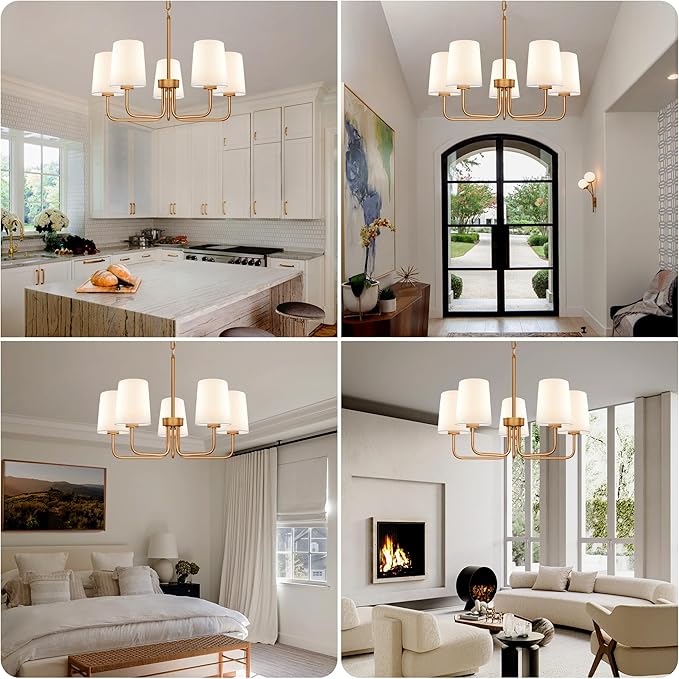 Farmhouse Chandelier, 5-Light Brass Chandelier with White Fabric Shade, Height Adjustable Modern Dining Room Light Fixture with E26 Base for Bedroom Foyer Hallway Entryway Kitchen Living Room