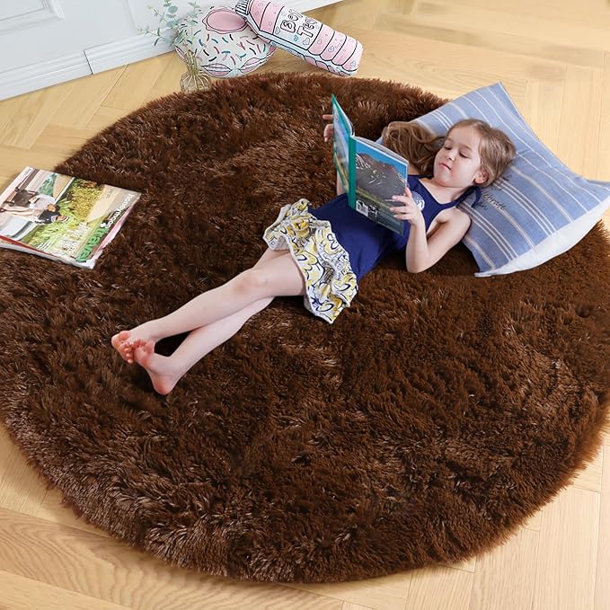 Amdrebio Dark Brown Round Circle Rugs 5Ft for Bedroom, Fluffy Shag Plush Area Rugs for Kids Room, Living Room Decor Aesthetic, Fuzzy Fur Floor Chocolate Coffee Carpet for Playroom Dorm Baby Nursery