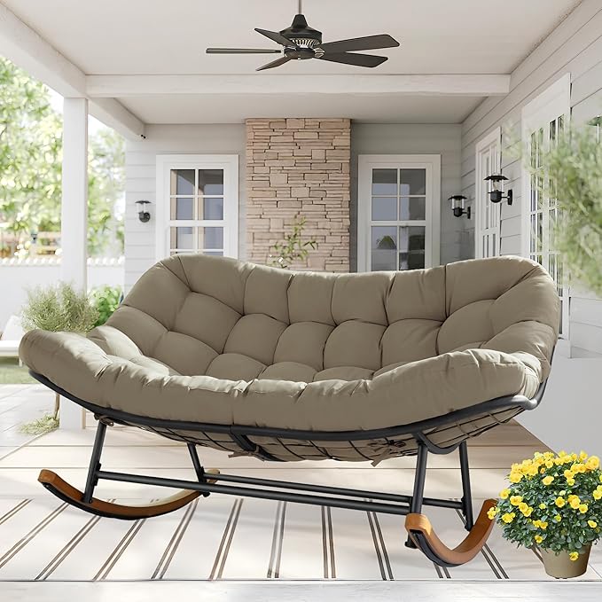 Double Papasan Rocking Chair Outdoor & Indoor, Oversized Rocking Reclining Loveseat with Thick Cushion and Frame, 660LBS Capacity Rocking Egg Chair for Patio Porch Living Room, Brown