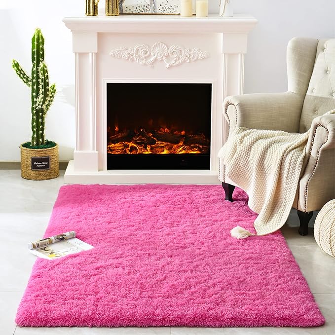 Merelax Modern Soft Fluffy Large Shaggy Rug for Bedroom Livingroom Dorm Kids Room Indoor Home Decorative, Non-Slip Plush Furry Fur Area Rugs Comfy Nursery Accent Floor Carpet 4'x6' Hot Pink