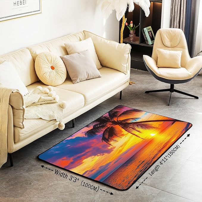 Ocean Beach Area Rug 5x7 and Mats,Hawaiian Beach Palm Tree Decorative Carpet Floor Mat Decor, Tropical Sea Sunset Carpet,Machine Washable Non-Slip Living Room Rugs for Bedroom