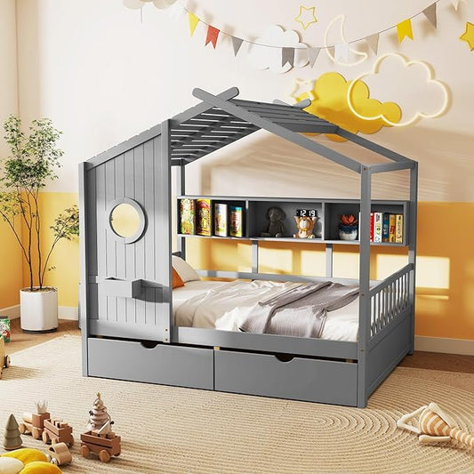 Aoowow Twin Size House Bed with Storage Shelves and Drawers, Wood Platform Kids House Bed with Window and Roof for Bedroom, Twin Playhouse Bed Frames for Boys Girls, Can be Decorated, Grey