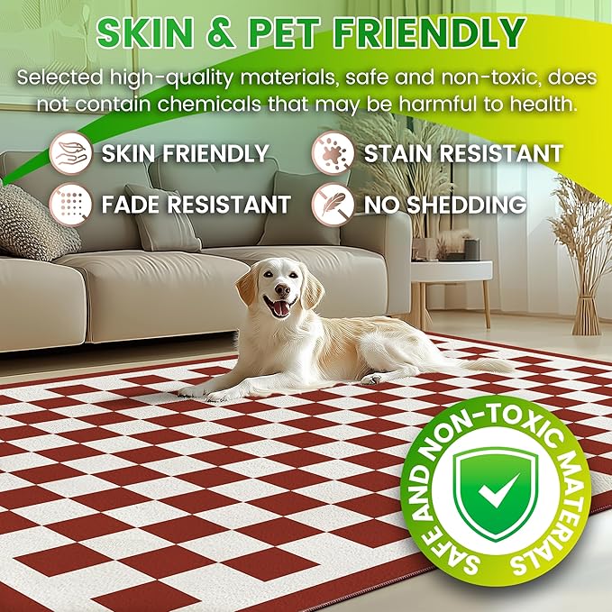 Washable 5x7 Checkered Area Rug for Living Room, Dark Red Checkerboard Modern Boho Large Rugs, Ultra Thin Low Pile Lightweight Indoor Carpet with Non-Slip Backing for Bedroom Kids Nursery Play Room