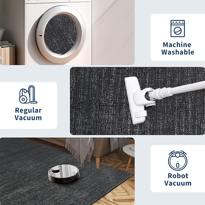 5x7 Washable Rugs Non Slip Minimalist Area Rug for Bedroom Soft Low Pile Solid Color Large Bedroom Throw Carpet Stain Resistant Classic Neutral Area Rug Plain Boho Rugs for Kitchen Nursery, Black