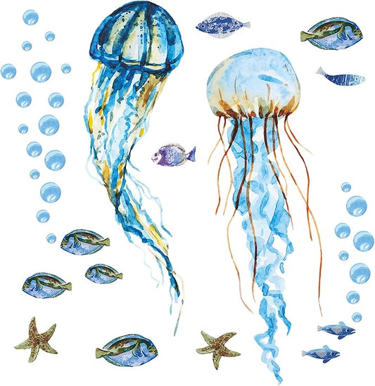 Creative Watercolor Jellyfish Wall Sticker Under The Sea Wall Decals Peel and Stick Removable Bubble Fish Starfish DIY Art Décor for Kids Girls Bedroom Living Room Bathroom Window Wall Decoration