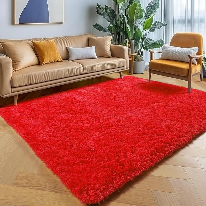 ONASAR Red Area Rugs for Bedroom Living Room, Washable Fluffy 4x6 Indoor Bedside Floor Throw Rug, Soft Plush Shaggy Carpet for Nursery Kids Girls Boys Teen Dorm Home Office Decor Aesthetic