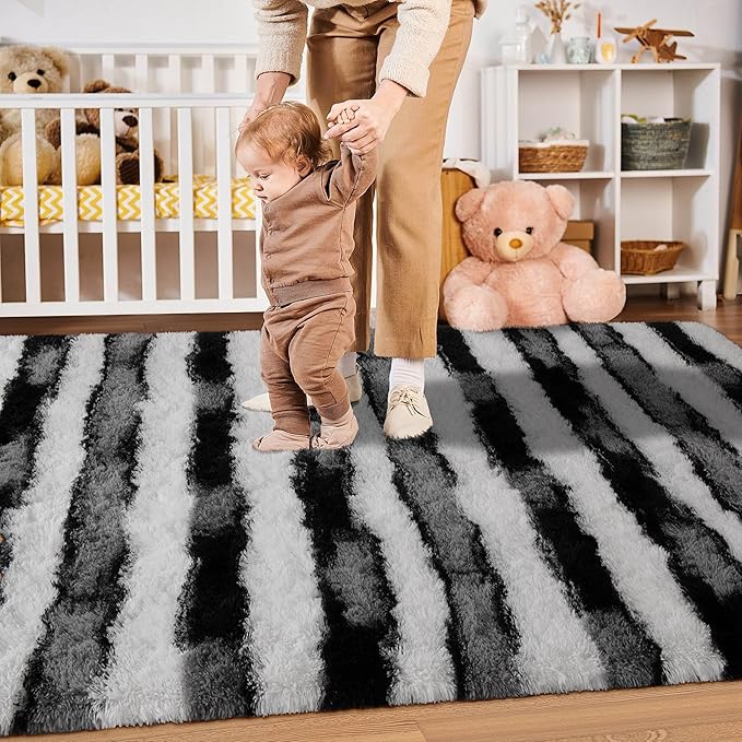 Meralax Area Rugs for Living Room Bedroom, Machine Washable 5x8 Feet Soft Fluffy Shaggy Rug, Black and White Stripe Indoor Floor Carpet for Boys, Dorms, Nursery Rooms, Home Decor Aesthetic