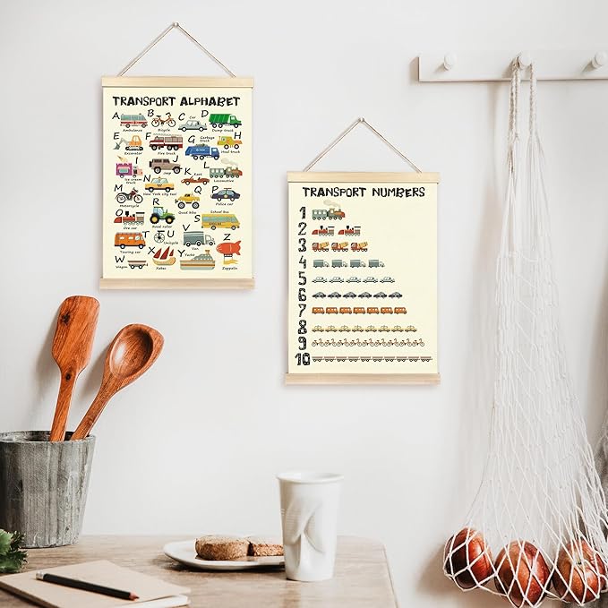 CGBHW Educational Transport Alphabet Numbers Poster Hanger Frame Set of 2 12x16, Vehicle Construction Learning Posters Wall Art Hanging Decor for Toddler Boy Kids Room Playroom Nursery