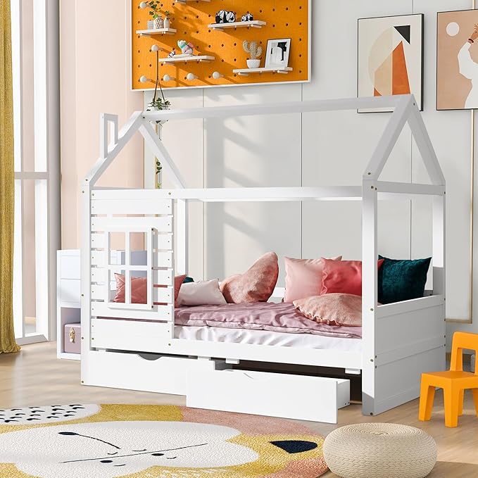 Twin Size Kids House Bed with 2 Storage Drawers, Twin House Bed Frame with Roof and Window, Twin Bed Frames for Kids with Slats, Modern Wooden Montessori Bed for Bedroom, White