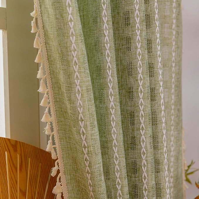 Deeprove Sage Green Boho Curtain 96 inches Length for Living Room Bedroom Nursery Doorway, Sheer Bohemian 96 inches Long Stripe Embroidery Privacy Window Fringe Christmas Decor W52 x L96, 1 Panel