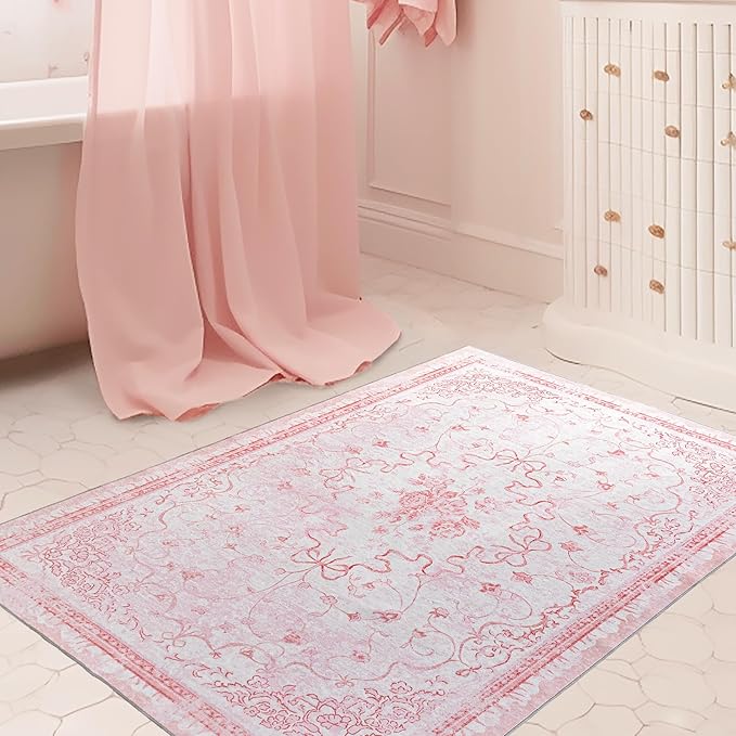 Pink Small Area Rug 3x5 for Entryway - Aesthetic Bow Washable Vanity Floral Mini Throw Rug for Bedside Girls Bedroom Classroom Kitchen Entry Way Front Door Indoor Entrance Inside House Bathroom