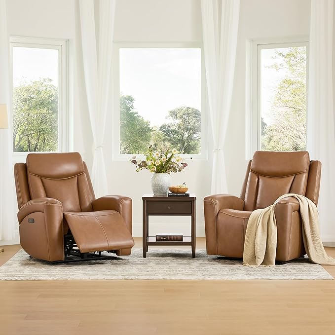 CHITA Genuine Leather Power Recliner Chair for Adults, Super Zero Gravity Recliner with Adjustable Power Headrest & USB/Type-C Ports, for Living Room, Bedroom & Home Theater, Saddle