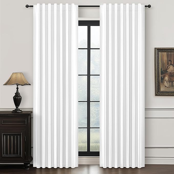 Pure White Blackout 102 Inch Long Curtains for Bedroom, Funky Heavy Linen Ceiling Track Nursery Curtain Heart/Cold Block Sound Dampening Pleat Window Drapes 2 Panels Aesthetic Decor 8.5FT Length Burg